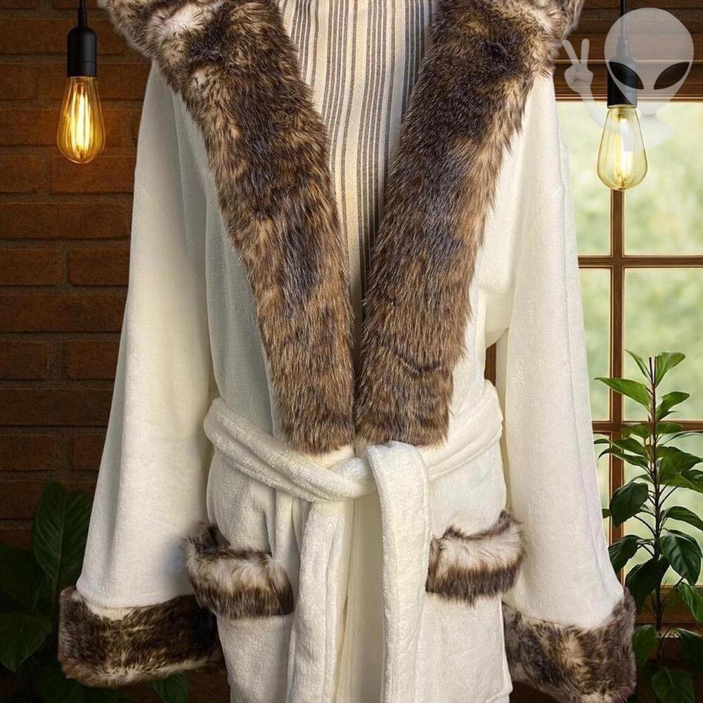 Faux Fur Ombre Robe Large Cream Brown Soft Cozy Loungewear Winter Sleepwear - Picture 6 of 6